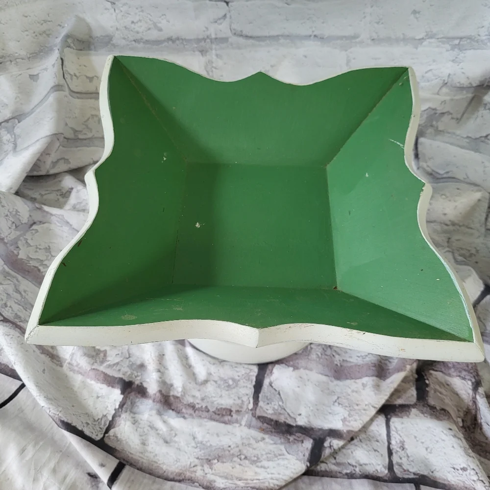 Green and White Decorative Wooden Square Bowl. Vintage.  Fruit included